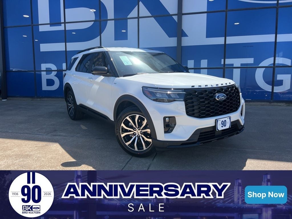 2026 Ford Explorer ST-Line in Star White Metallic Tri-Coat — front three-quarter view