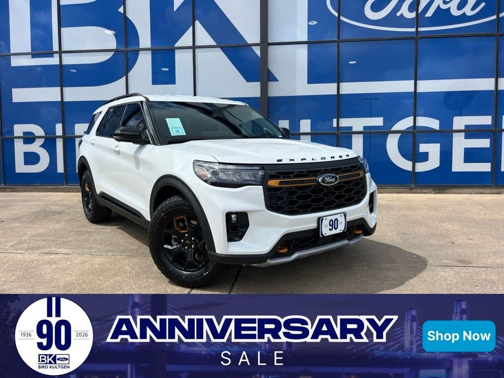 2026 Ford Explorer Tremor in Star White Metallic Tri-Coat — front three-quarter view