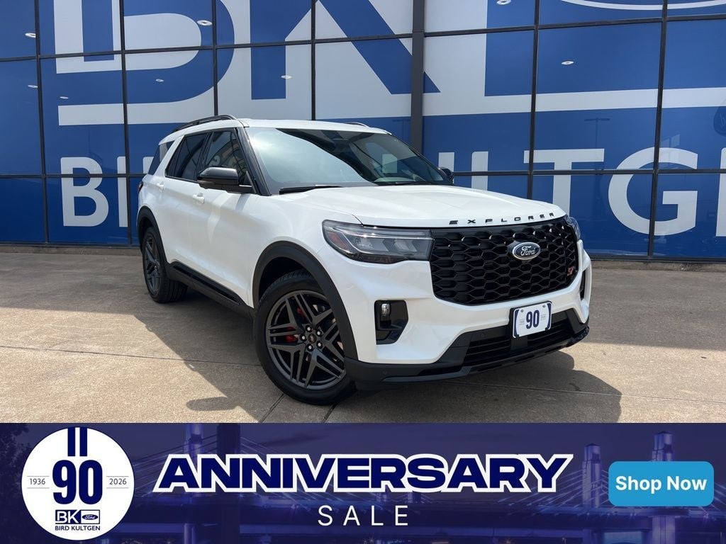 2026 Ford Explorer ST in Star White Metallic Tri-Coat — front three-quarter view